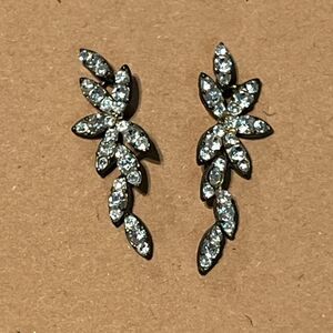 Rhinestone Leaf Vine Cascade Dangle Post Earrings Gunmetal Tone